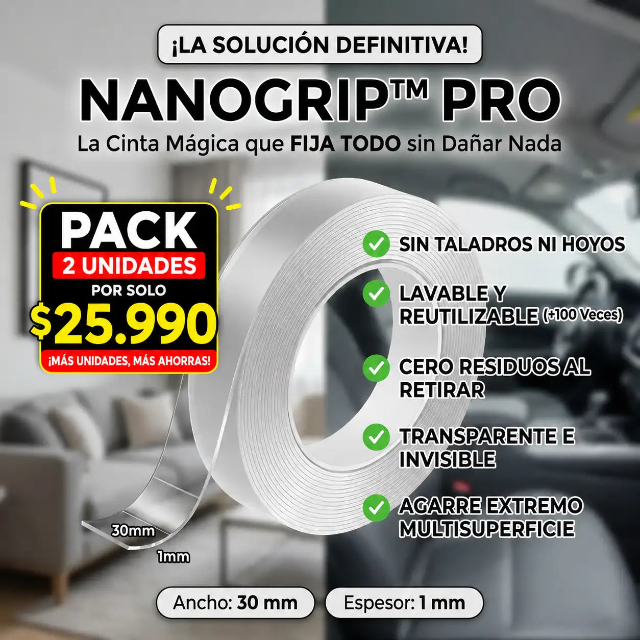 NanoGrip™ Pro - Cinta adhesiva doble contacto (Pack 2 unidades)